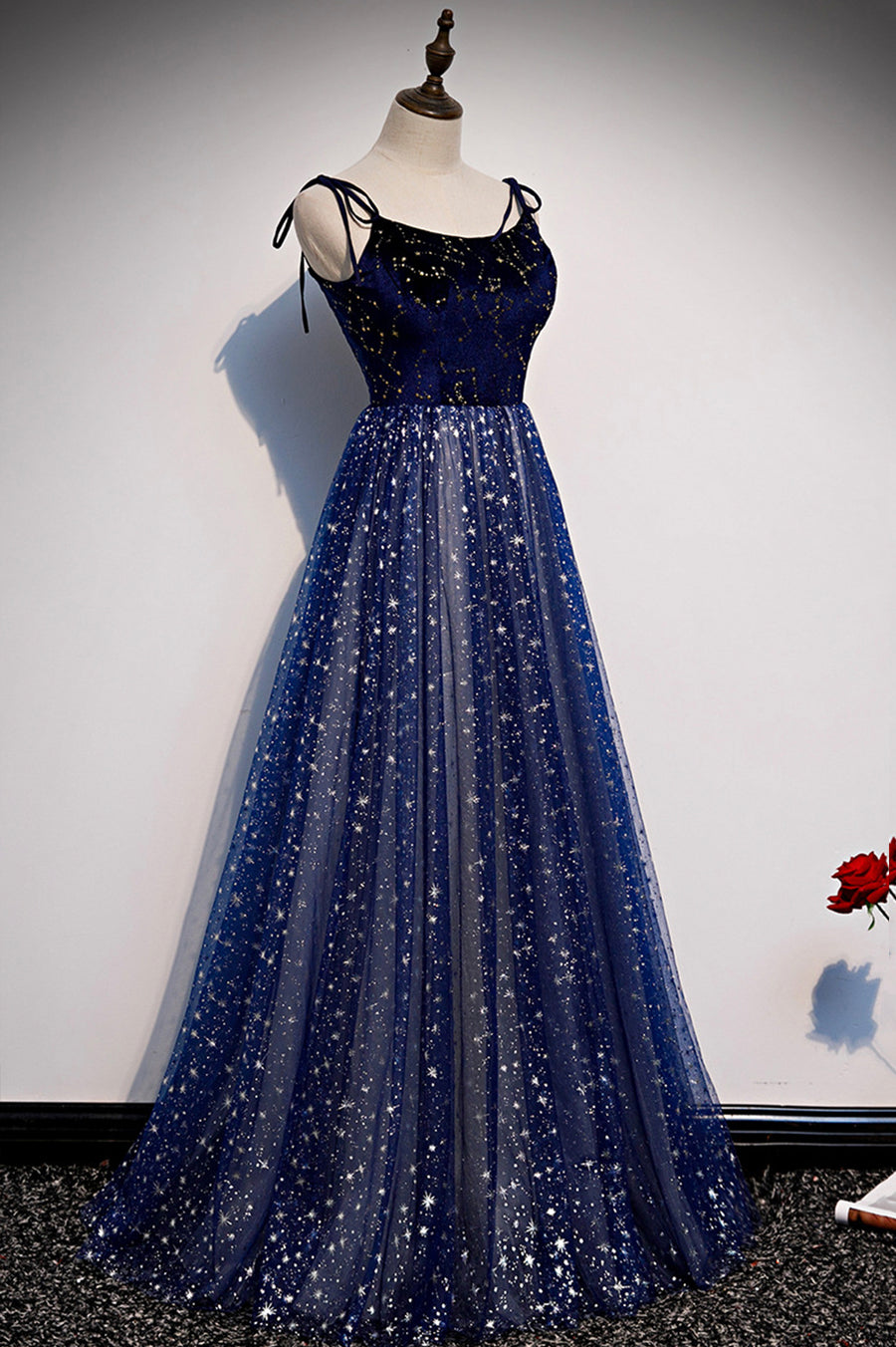 Blue Tulle Long A-Line Prom Dresses Evening Party Dresses Floor Length Sparkly