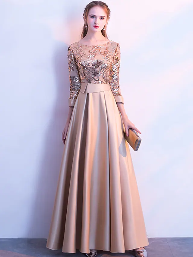 A-Line Glittering Elegant Prom Formal Evening Dress Jewel Neck 3/4 Length Sleeve Floor Length Satin