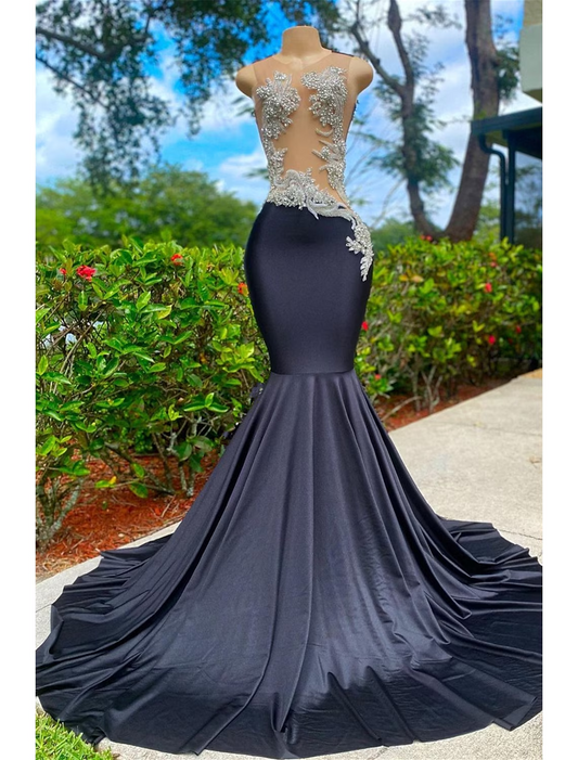 Mermaid / Trumpet Evening Gown Floral Dress Formal Court Train Sleeveless Jewel Neck African American Satin