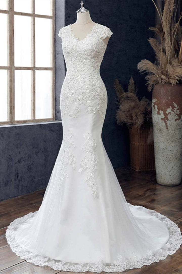 White Lace V-Neck Cap Sleeve Trumpet Wedding Dress Long