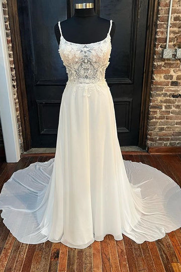 White Floral Lace Scoop Neck Floor-Length Wedding Dress Long