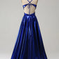 A-Line Spaghetti Straps Prom Dress with Slit V-neck Pure Color Long