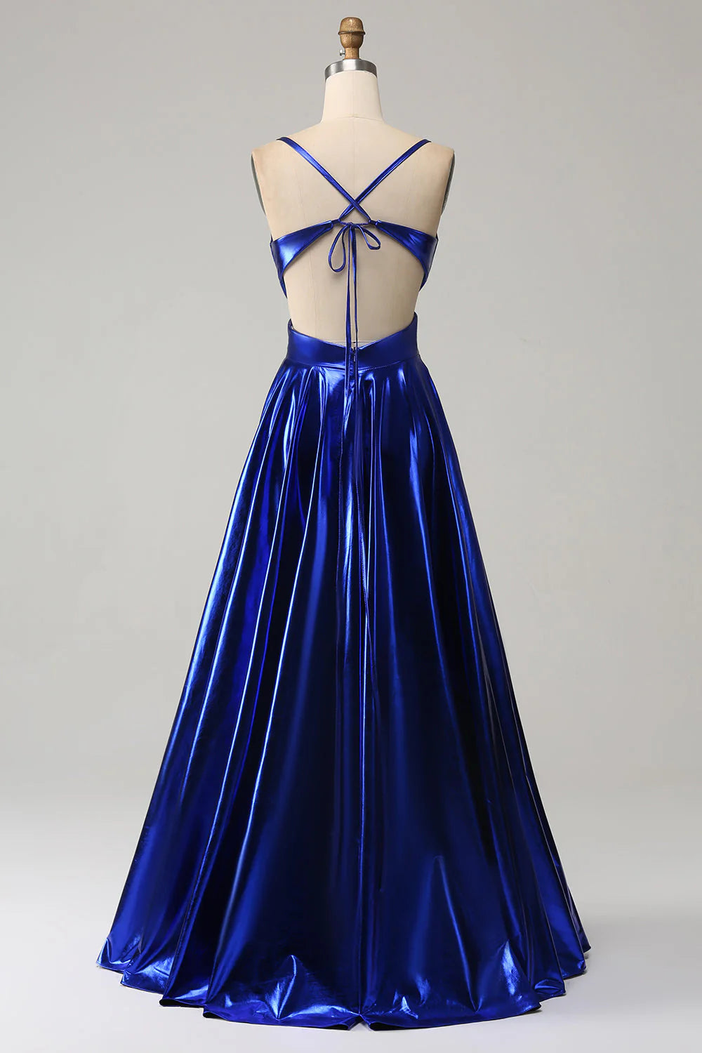 A-Line Spaghetti Straps Prom Dress with Slit V-neck Pure Color Long