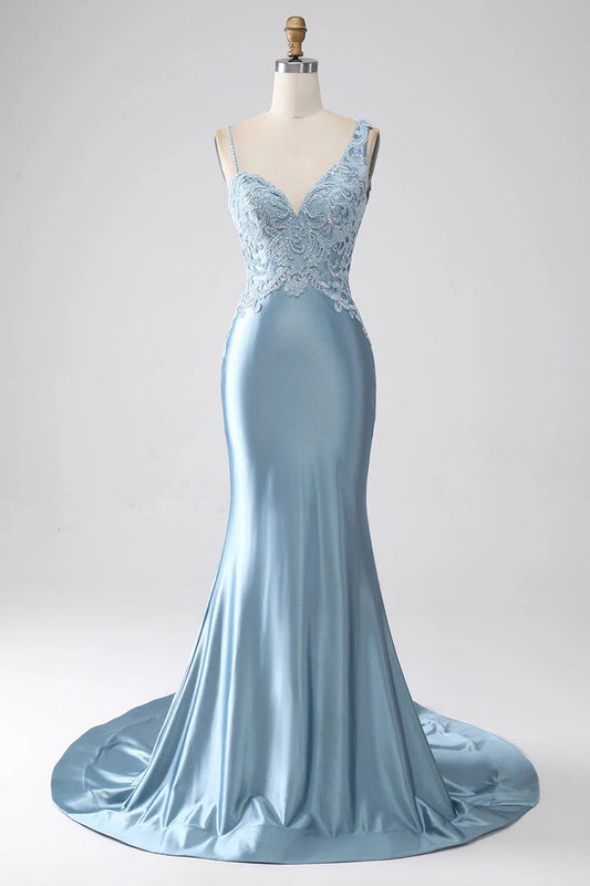 Mermaid Spaghetti Straps Long Beaded Prom Dress With Appliques Sexy