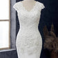 White Appliqués V-Neck Cap Sleeve Trumpet Wedding Dress Long