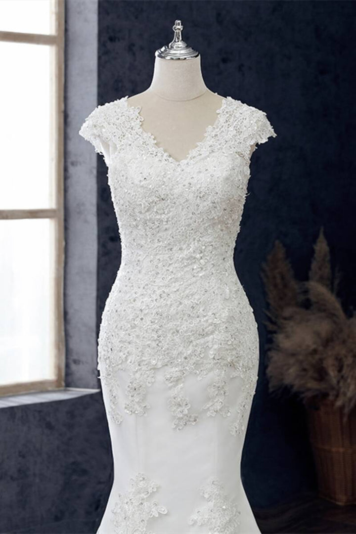 White Appliqués V-Neck Cap Sleeve Trumpet Wedding Dress Long