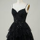 Cute Black A Line Sparkly Sequin Tiered Corset Short Homecoming Dress Beautiful