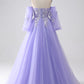 A-Line Strapless Tulle Long Prom Dress with Sleeves Off Shoulder With Flowers