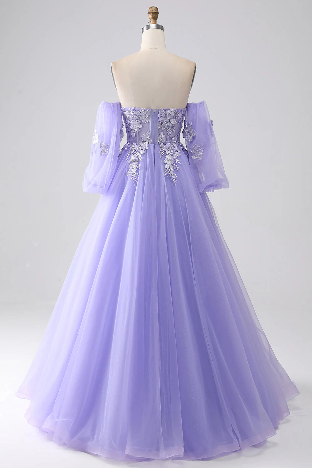 A-Line Strapless Tulle Long Prom Dress with Sleeves Off Shoulder With Flowers