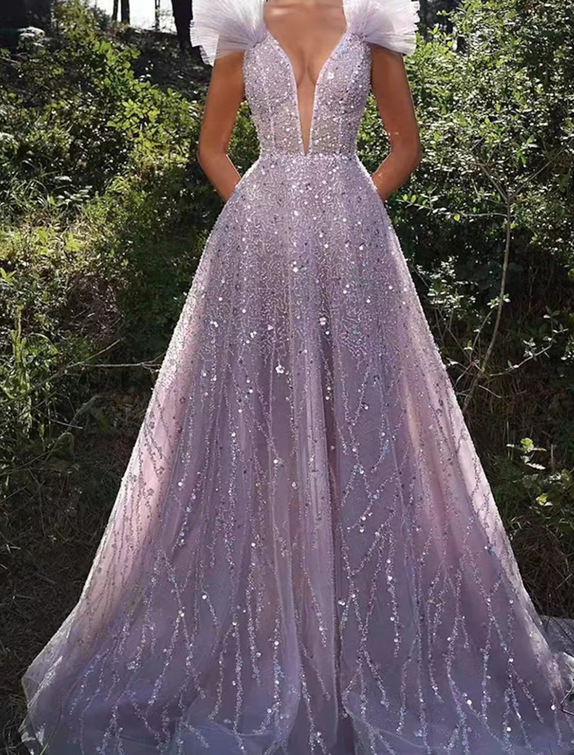 A-Line Prom Dresses Sparkle & Shine Dress Formal Floor Length Sleeveless V Neck Sequined Backless