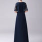 A-Line Mother of the Bride Dress Elegant Sweet Jewel Neck Floor Length Chiffon Half Sleeve with Lace Crystals Beautiful