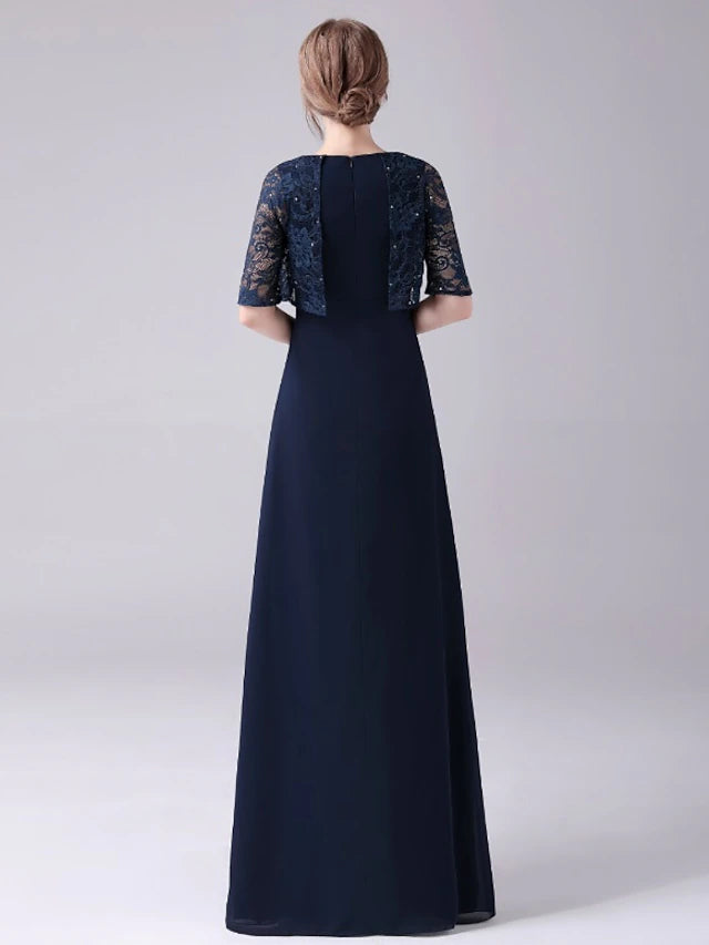 A-Line Mother of the Bride Dress Elegant Sweet Jewel Neck Floor Length Chiffon Half Sleeve with Lace Crystals Beautiful