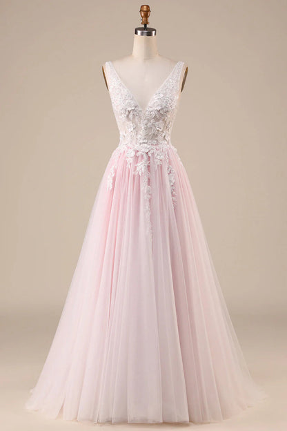 A-Line Tulle Sweep Train Wedding Dress V-neck