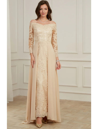 A-Line Evening Gown Elegant Dress Wedding Guest Floor Length Long Sleeve Off Shoulder Polyester with Overskirt