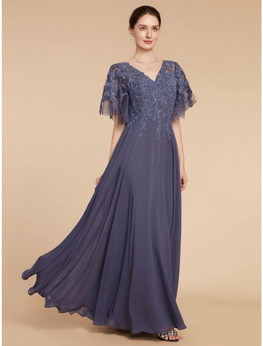 A-Line Mother of the Bride Dress Wedding Guest Elegant V Neck Floor Length Chiffon Lace Short Sleeve with Sequin Ruching