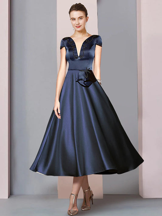 A-Line Mother of the Bride Dress Formal Church Party Elegant V Neck Tea Length Satin Short Sleeve with Beading