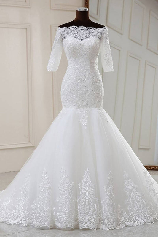 White Lace Off-the-Shoulder Half Sleeve Trumpet Wedding Dress Long