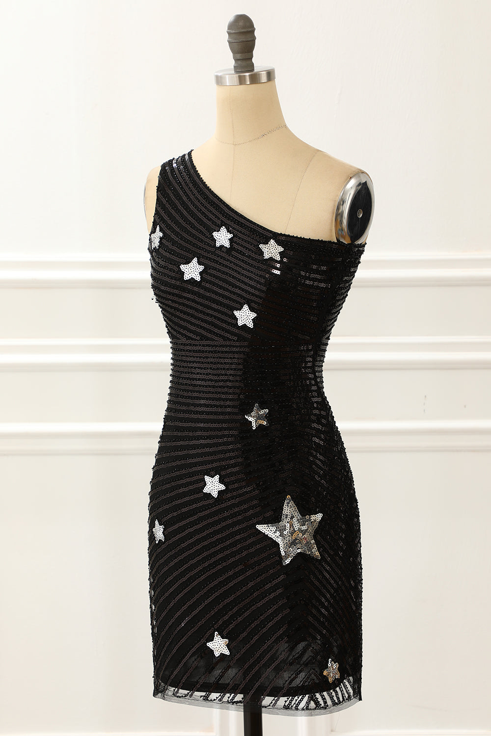 Black One Shoulder Sequin Cocktail Dress With Stars Short Sexy
