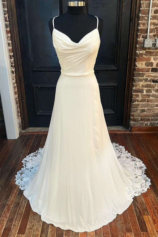 White Cowl Neck Cutout Back Lace-Trimmed Long Wedding Dress Beautiful