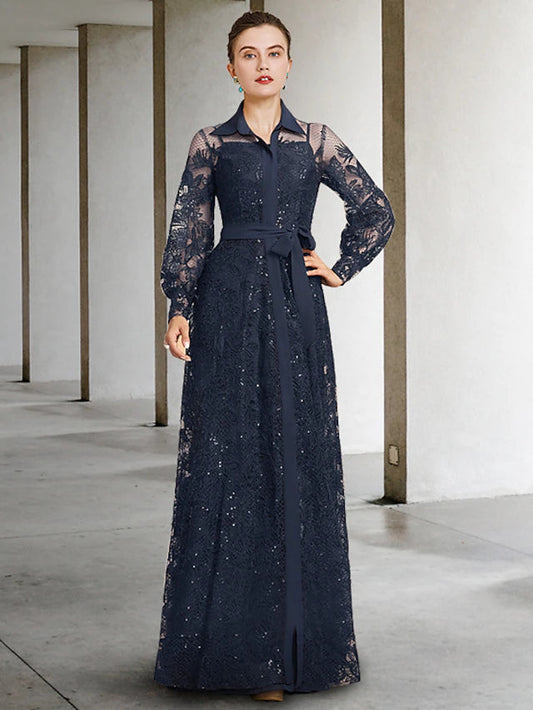 A-Line Mother of the Bride Dress Elegant Jewel Neck Floor Length Chiffon Lace Long Sleeve with Pleats