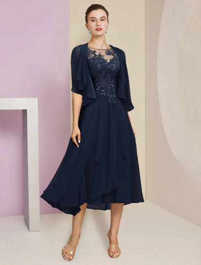 Two Piece A-Line Mother of the Bride Dress Formal Elegant Scoop Neck Tea Length Chiffon Lace Short Sleeve Wrap Included with Pleats Sequin