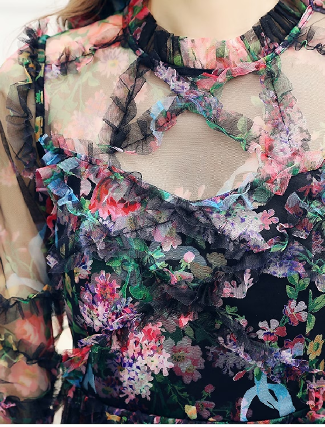 A-Line Prom Dresses Floral Dress Wedding Guest Ankle Length Long Sleeve Jewel Neck Polyester with Ruffles Pattern