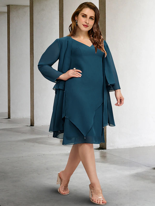 Two Piece A-Line Plus Size Curve Mother of the Bride Dresses Elegant Dress Formal Knee Length Sleeveless V Neck Chiffon