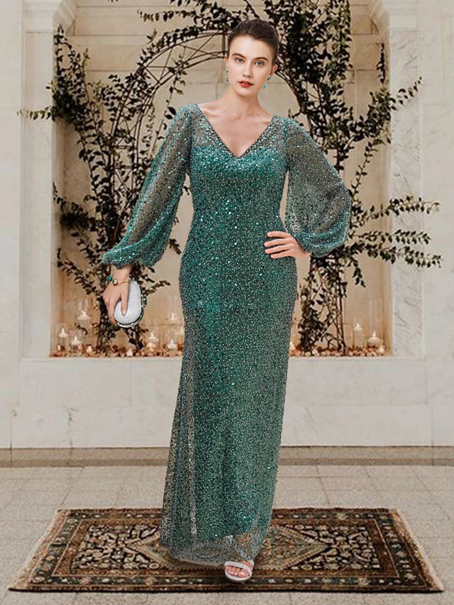 Sheath / Column Mother of the Bride Dress Elegant Sparkle & Shine V Neck Floor Length Lace Sequined Long Sleeve with Beading