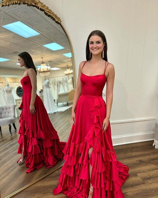 Sexy Side Slit Long Spaghetti Straps Prom Dresses with Flounced Evening Dresses
