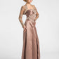 A-Line Mother of the Bride Dress Strapless Floor Length Satin Lace Sleeveless with Criss Cross Beading