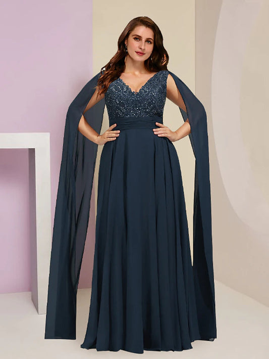 Plus Size Curve Mother of the Bride Dress Formal Party Elegant V Neck Floor Length Chiffon Lace Sleeveless with Pleats