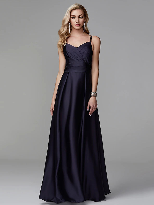 A-Line Prom Dresses Beautiful Back Dress Evening Party Floor Length Sleeveless Spaghetti Strap Satin Crisscross Back with Beading