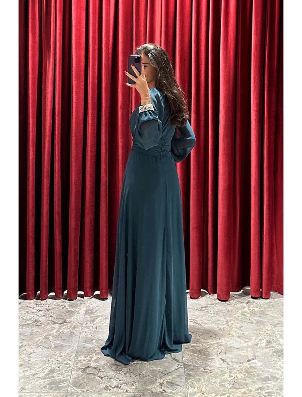 A-Line Evening Gown High Split Dress Formal Fall Sweep / Brush Train Long Sleeve V Neck Stretch Fabric with Pleats Crystals