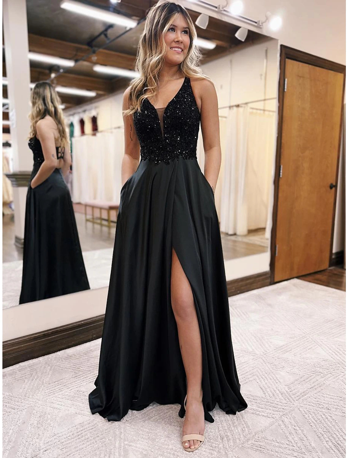 A-Line Evening Gown Empire Dress Formal Prom Floor Length Sleeveless V Neck Pocket Satin Backless