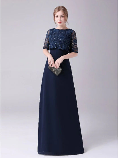 A-Line Mother of the Bride Dress Elegant Sweet Jewel Neck Floor Length Chiffon Half Sleeve with Lace Crystals Beautiful