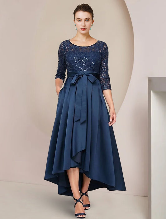 A-Line Mother of the Bride Dress Wedding Guest Elegant High Low Scoop Neck Asymmetrical Tea Length Lace Taffeta 3/4 Length Sleeve