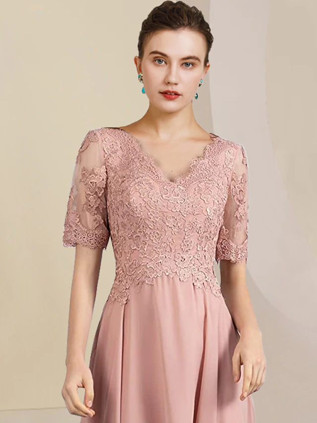 Two Piece A-Line Mother of the Bride Dress Formal Wedding Guest Elegant High Low V Neck Asymmetrical Tea Length Chiffon Lace Short Sleeve Wrap Included with Pleats