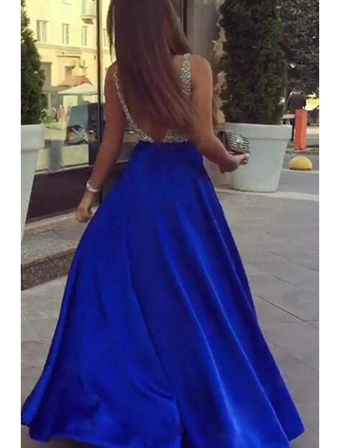 A-Line Prom Dresses Sparkle & Shine Dress Formal Floor Length Sleeveless V Neck Pocket Stretch Satin Backless V Back with Beading