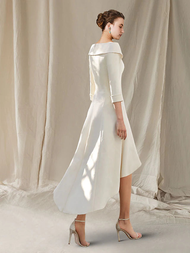 A-Line Mother of the Bride Dress Elegant High Low Bateau Neck Asymmetrical Knee Length Stretch Fabric 3/4 Length Sleeve with Bow(s)