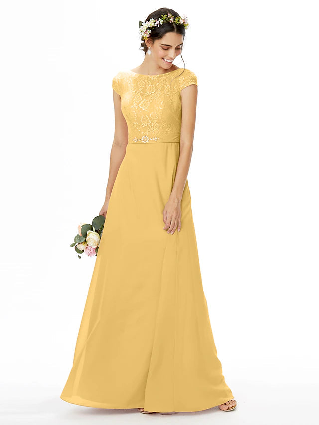 Sheath / Column Bridesmaid Dress Bateau Neck Short Sleeve Elegant Floor Length Chiffon / Lace with Lace / Sash / Ribbon