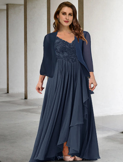 Two Piece A-Line Mother of the Bride Dresses Plus Size Hide Belly Curve Elegant Dress Formal Floor Length Half Sleeve V Neck Chiffon with Pleats