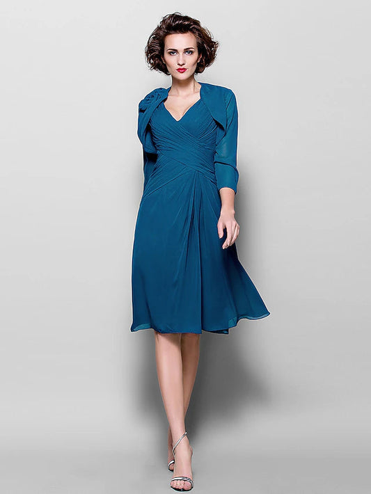 A-Line Mother of the Bride Dress Wrap Included V Neck Knee Length Chiffon 3/4 Length Sleeve with Criss Cross Side Draping