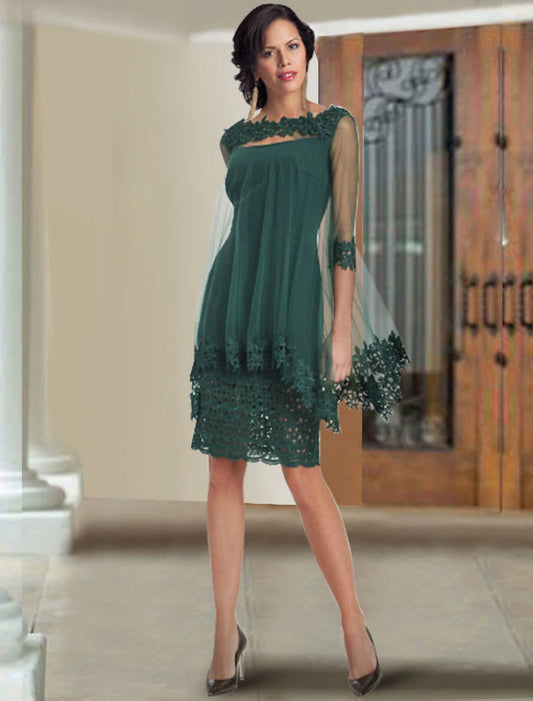 Two Piece Sheath / Column Mother of the Bride Dress Elegant Wrap Included Square Neck Knee Length Chiffon Lace Half Sleeve