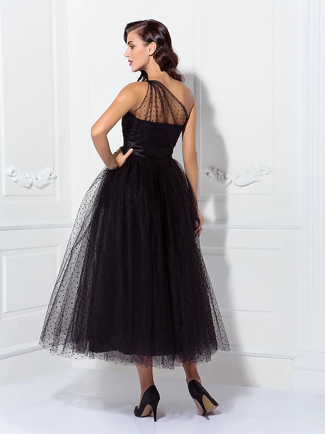 A-Line Cocktail Dresses Vintage Dress Wedding Guest Ankle Length Sleeveless One Shoulder Wednesday Addams Family Tulle with Pleats Pattern