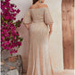 A-Line Wedding Guest Dresses Sparkle & Shine Dress Formal Sweep / Brush Train Half Sleeve Off Shoulder Polyester