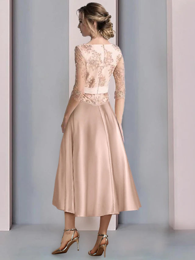 A-Line Mother of the Bride Dress Formal Wedding Guest Vintage Party Elegant Scoop Neck Tea Length Satin Lace Half Sleeve with Appliques Flower Beautiful