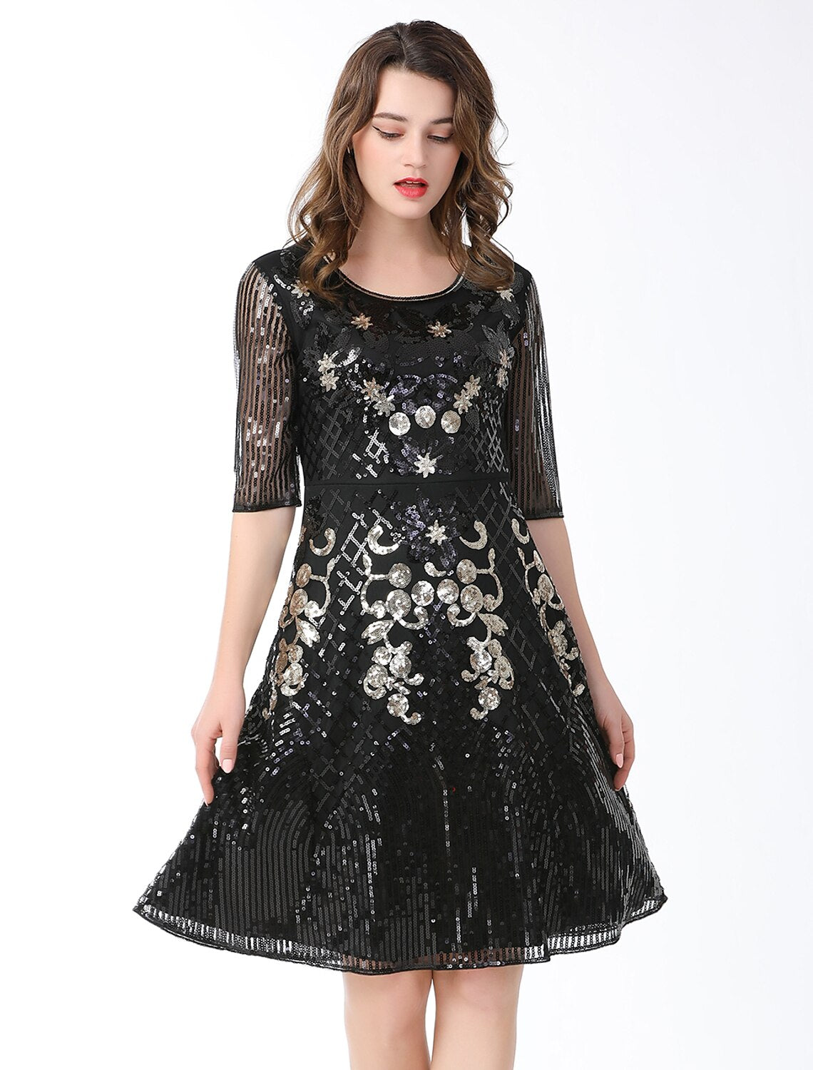 A-Line Cocktail Dresses Vintage Dress Holiday Knee Length Half Sleeve Jewel Neck Cotton Blend with Sequin