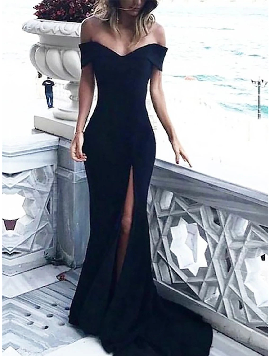 Sheath / Column Elegant Prom Formal Evening Dress Off Shoulder Sleeveless Court Train Spandex