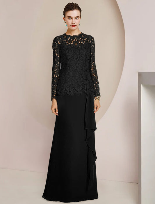 A-Line Mother of the Bride Dress Formal Wedding Guest Vintage Elegant Scoop Neck Floor Length Chiffon Lace Long Sleeve