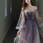 A-Line Minimalist Elegant Party Wear Prom Dress Off Shoulder Long Sleeve Floor Length Tulle